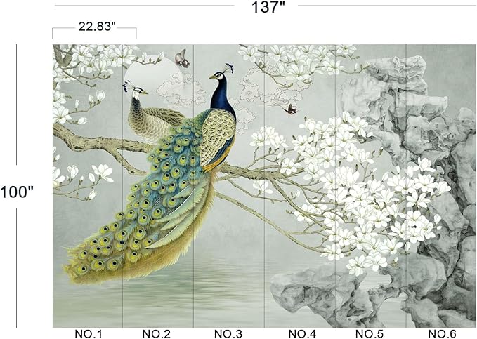 Magnolia Flower Peacock Chinoiserie Wallpaper for Bedroom 137" x 100"