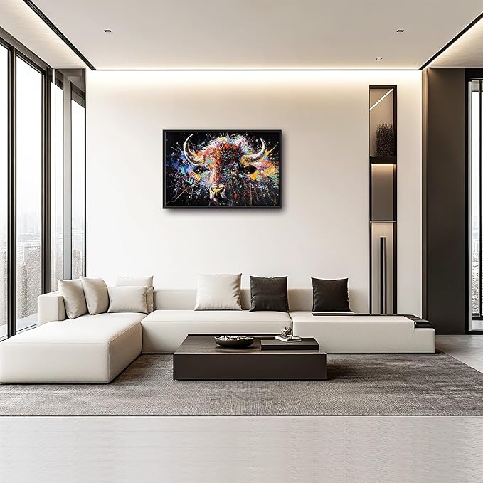 Large Graffiti Highland Cow Wall Art for Living Room, Framed Oversized Bison Buffalo Wall Decor Banksy Canvas Painting Animal Pictures Modern Artwork for Living Room Bedroom Office 36"x24"