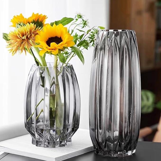 Large Flower Vase,11 inch,GIDARY Thickened Clear Ribbed Glass Vase for Bookshelf,Dinner Table,Indoor Office Desktop,Meeting Room,Home Christmas Day Decoration