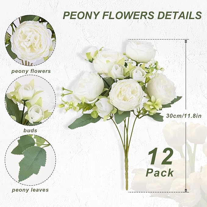MARTINE MALL 12 Packs Peonies Artificial Flowers, White Artificial Peonies, Silk Peonies Flowers Fake Peonies Artificial Flowers Peonies Bouquet for Centerpiece Table Wedding Party Home Decor