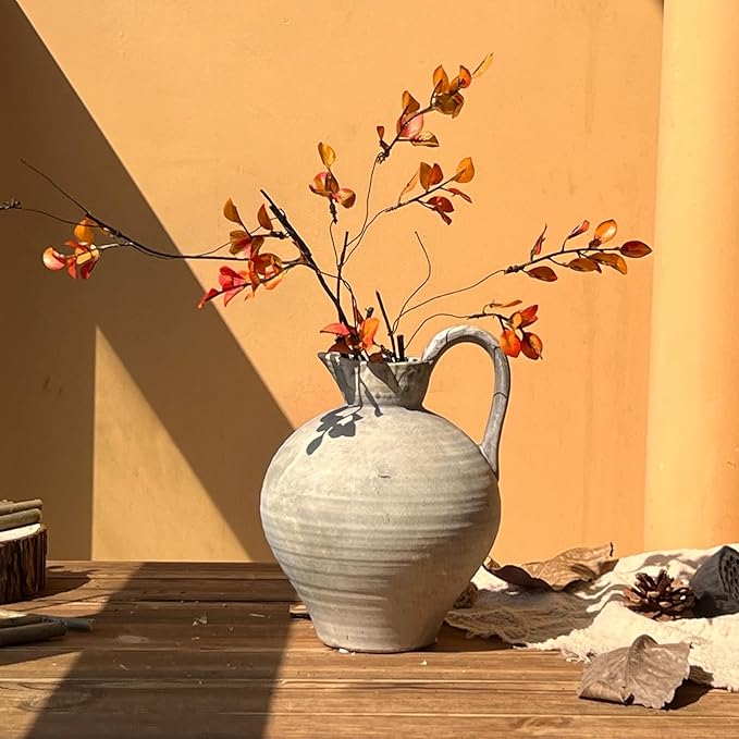 Ceramic Rustic Farmhouse Vase with Handle, 8.7 Inch White Gray Vintage Vase, Rustic Ceramic Pottery for Home Decor, Farmhouse Decor Centerpiece for Kitchen, Living Room, Entryway