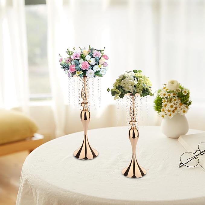 6 Pcs 21.3 Inch Tall Crystal Metal Flower Stand Wedding Lead Vases for Table Centerpieces and Reception Flower Arrangement Holders