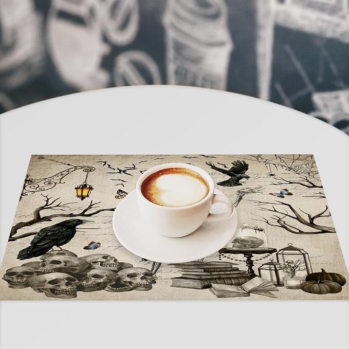 Halloween Skeleton Placemats Vintage Country Gothic Dark Raven Misty Spiderweb Placemats Table Kitchen Dining Party 12x18 Inch Set of 6