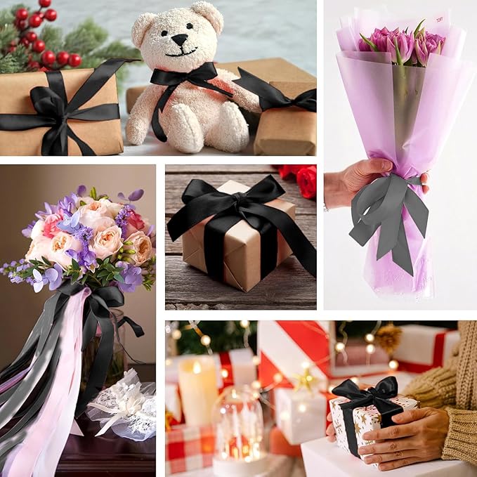 Black Satin Ribbon 1-1/2 Inch x 2 Rolls Black Wide Satin Fabric Ribbon for Gift Packaging, Christmas, Wedding, Flower Bouquet, Holiday Party, Invitation