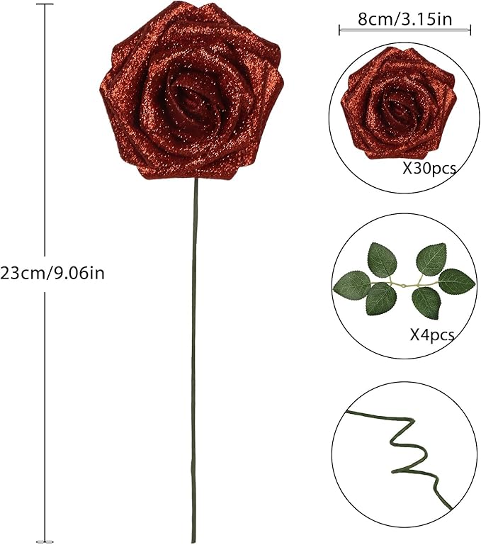 Fake Roses 30PCS Glitter Red Roses Artificial Flowers 3.15" Faux Roses with Stems for DIY Wreath Wedding Christmas Home Party Decor(Red)