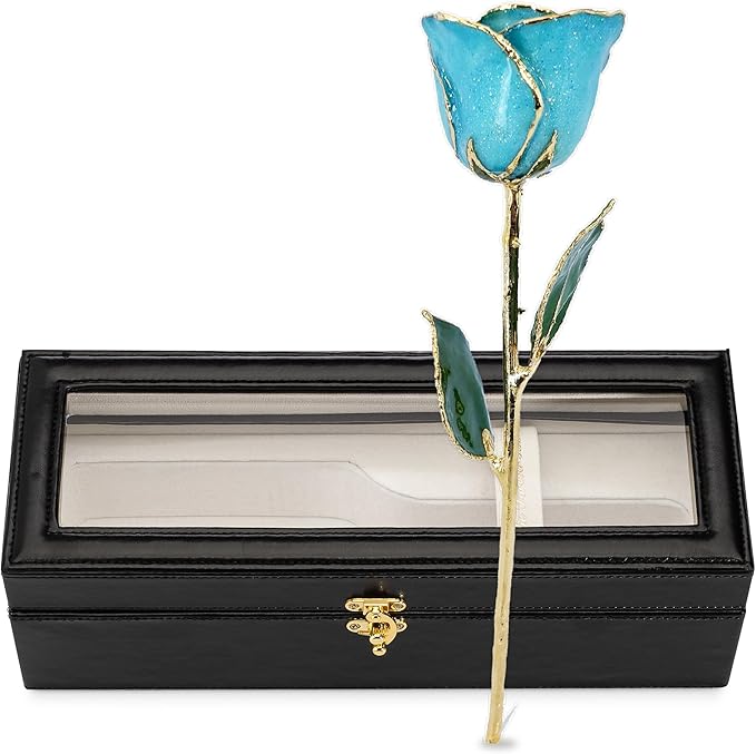 Forever Rose Hand-Dipped in 24K Gold, Aquamarine-Inspired March Birthstone with Sparkles, Real Rose in Leather Case with LED Light – Gift for Birthday or Any Occasion