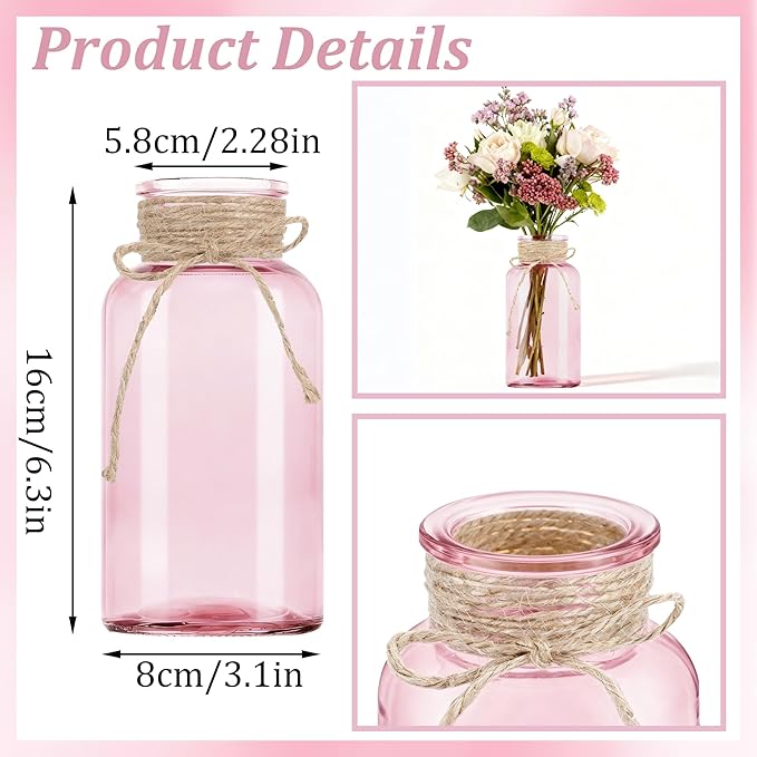 Vintage Glass Flower Vase，6 Pack Pink Farmhouse Glass Centerpiece Vases Mason Jars for Weddings, Parties & Home Decor Bulk (6, Pink)