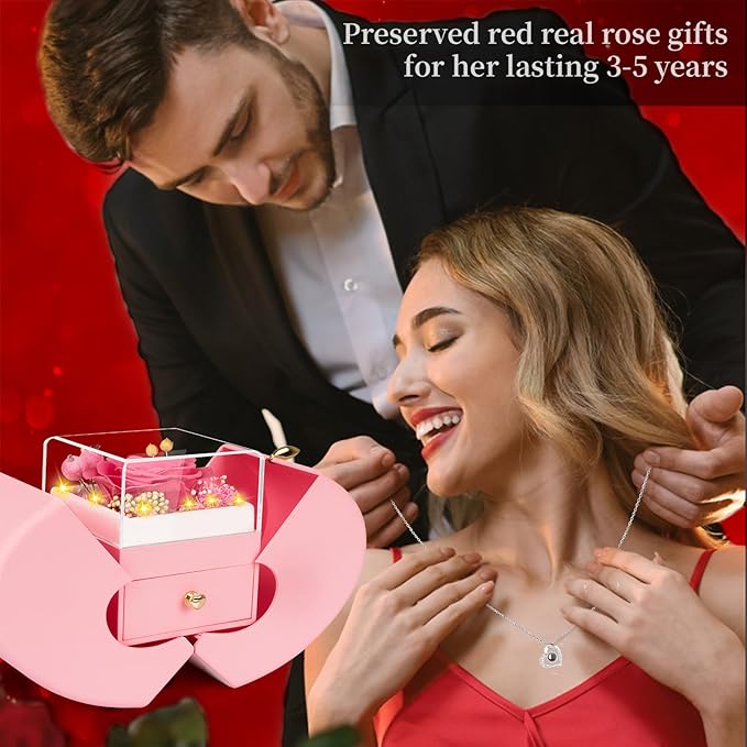 Preserved Pink Real Rose with I Love You Necklace, Eternal Flowers Rose Birthday Gifts for Women Her Mom Wife Girlfriend Grandma on Valentines Mothers Day Christmas Anniversary Romantic-Pink