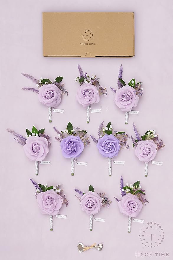 TINGE TIME Boutonniere for Men Wedding,Groom and Best Man Boutonniere for Wedding Ceremony Anniversary, Formal Dinner Party and Rustic Spring Wedding Marriage (10, Noble Purple)