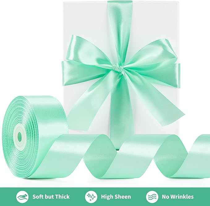 1-1/2 Inch Wide Mint Green Satin Ribbon, 50 Yards Solid Polyester Fabric Ribbon for Roses Making, Gift Wrapping, Christmas, Wedding Decorations, Crafts, Bows, Flower Bouquets