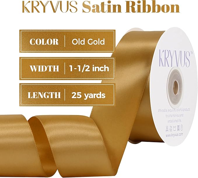 Old Gold Satin Ribbon, Double Faced 1-1/2 Inch X 25 Yards Old Gold Ribbon, Premium Satin Ribbons for Gift Wrapping, Crafts, Hair Bow Making, Sewing, Flower Bouquet, Wedding Party Decor