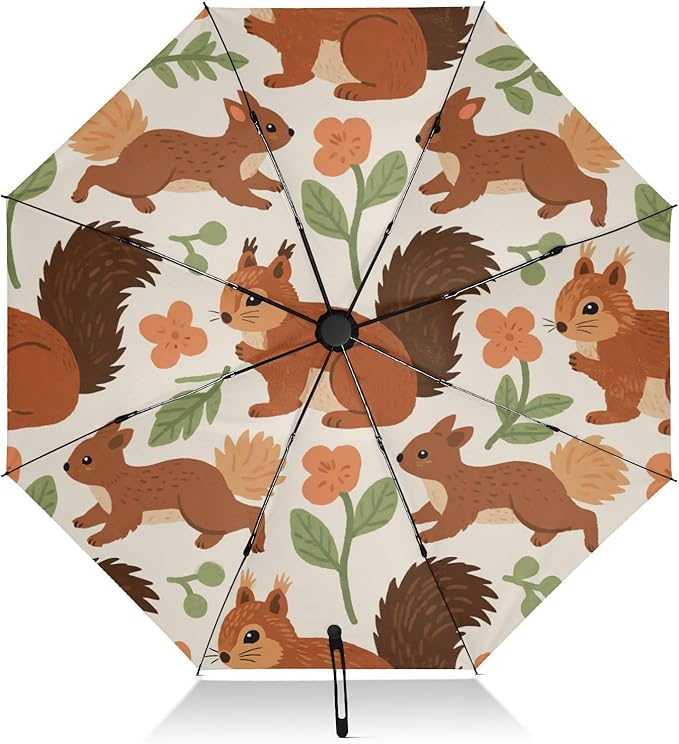Squirrels and Flowers Pattern Print Folding Umbrella Compact Travel Automatic Open Close Sun UV Protection Reverse Inverted Umbrella for Rain Women Men Outsid
