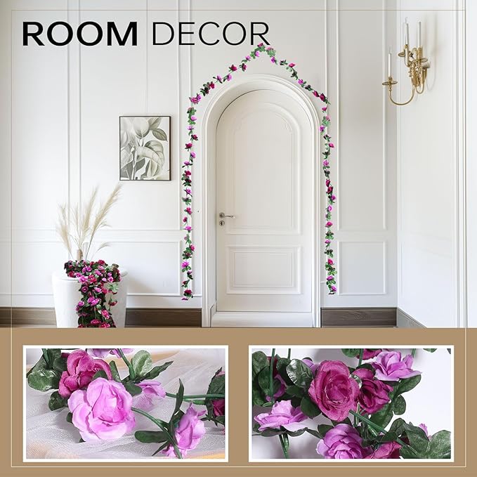 Miracliy 5Pcs 41FT Purple Flower Garland Artificial Rose Arch Vines Fake Spring Floral Garland for Flower Wall Backdrop Wedding Mothers Day Garden Tea Party Decoration
