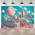 8x4ft Candyland Backdrop Sweet Candy Castle Photography Background Fantasy Lollipop Blue Sky White Cloud Cartoon Kids Birthday Banner Decorations Baby Shower Portrait Photo Booth Prop