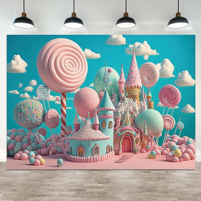 10x5ft Candyland Backdrop Sweet Candy Castle Photography Background Fantasy Lollipop Blue Sky White Cloud Cartoon Kids Birthday Banner Decorations Baby Shower Portrait Photo Booth Prop