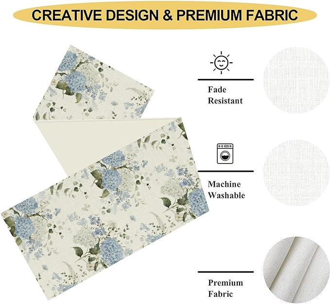 Blue Floral Table Runner, Spring Summer Watercolor Hydrangea Flower Butterfly Country Farmhouse Coffee Table Center Decor for Home Kitchen Dining Patio Holiday Party Table Decorations 13x108 inches