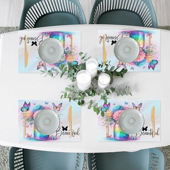 PVC Placemats Set of 6 Rainbow Flower Butterfly Wipeable Table Mats Washable Heat Resistant Non Slip Vinyl Dining Table Mat for Kithen Indoor Outdoor Patio Farmhouse Place Mats Decorative