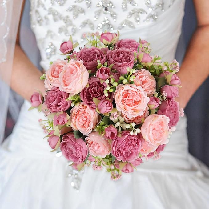 Artificial Peonies Silk Flowers, Pink Faux Peony Bouquet 2 Bundles Florals Arrangements Decor for Farmhouse Home Boho Wedding Table Centerpiece, Fake Plastic Flower Bulk for Vase Decoration (Mix Pink)