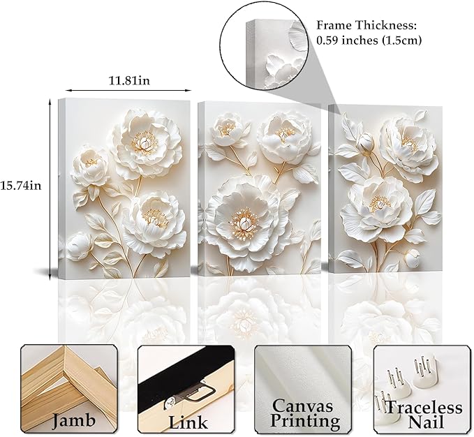 Sepwrol White Flower Canvas Wall Art Modern Abstract Rose Blooming Floral Textured Printing Artwork for Home Bedroom Living Room Wall Decor, 12"x16" 3 Panel (White-3)
