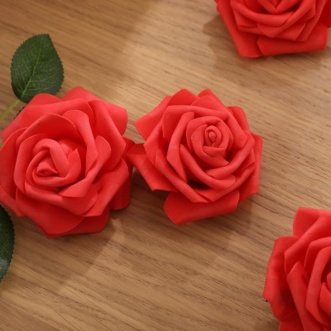 Artificial Rose Flowers 50pcs Red Fake Roses Artificial Foam Roses Real Looking w/Stem for DIY Wedding Bouquets Centerpieces Bridal Shower Party Home Cake Flower Decoration (Classic Red, 50 pcs)