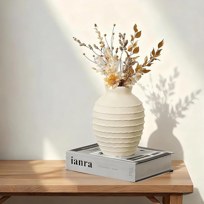 Ceramic Vase, 6.7 inch Ribbed Textured Minimalist Rustic Farmhouse Terracotta Vase for Home Decor, Table, Living Room, Entryway, Shelf, Mantel Decoration (Rice White)