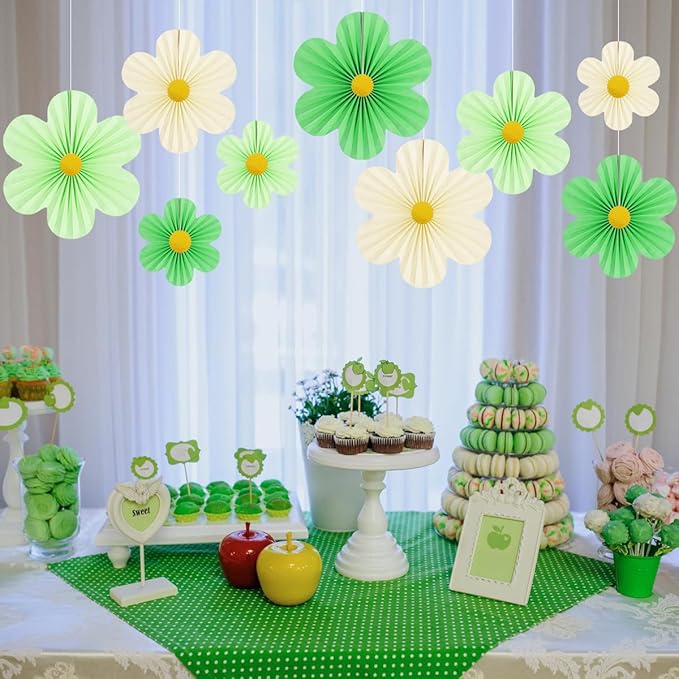 Green Party Decorations Paper Flowers Decorations for Wall Classroom Paper Fans Floral Backdrop Flower Wall Decor Pack of 9 Green