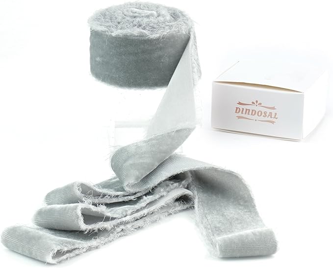 Silver Velvet Ribbon 1.5 inch Silver Frayed Velvet Raw Edge Ribbon for Christmas Wreaths, Tree Decoration, Flower Bouquet, Gift Wrapping, Bows Making -3 Yards
