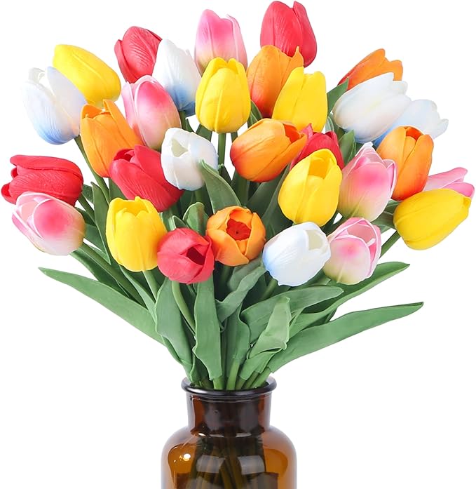 SITUMEIZI Fake Flowers Tulips Artificial Silk Flower 15pcs Real Touch 14" for Spring Easter Home Kitchen Wedding Bouquet Bulk Mother's Gift Day Decorations(Multicolor,5-4)