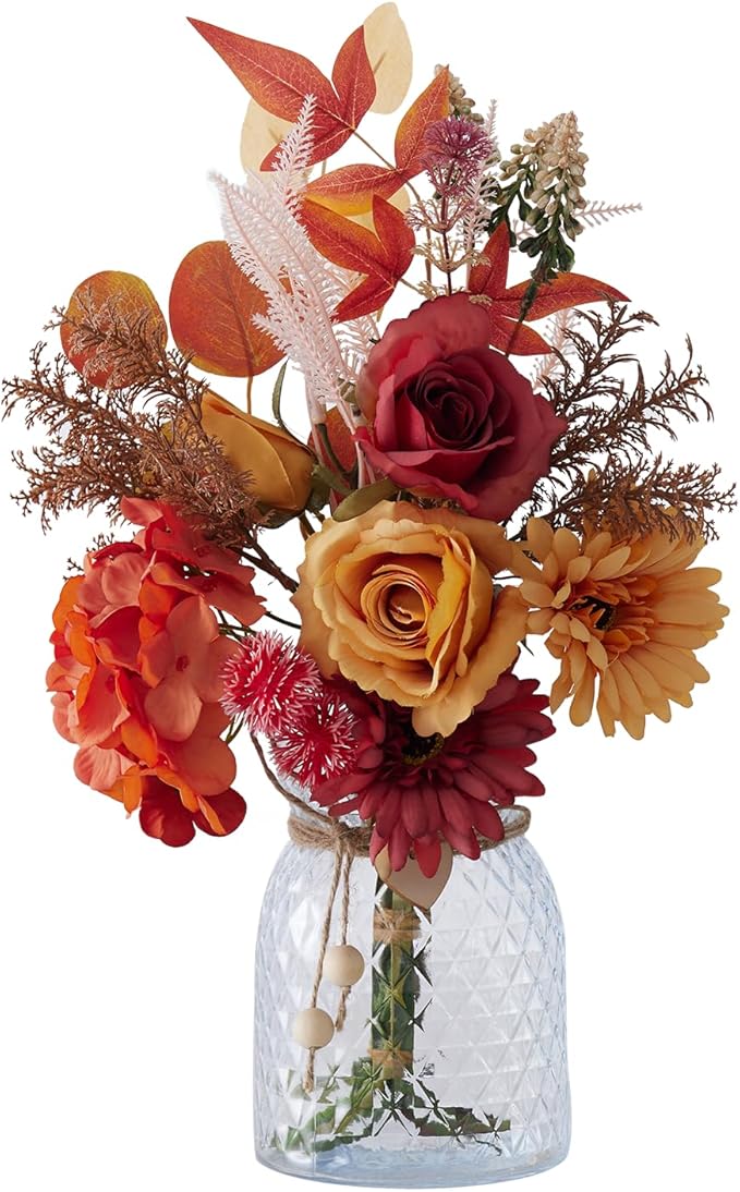 Artificial Flowers Combo Orange Flowers Mix Silk Flowers Gerbera, fake flowers for DIY Wedding Bridal Bouquets, Floral Arrangement, Table Centerpieces. Fake Plastic Flowers Bulk Vase Decoration