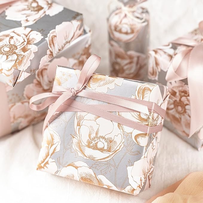 WRAPAHOLIC 30 Inch Reversible Floral Wrapping Paper - 30 Inch X 33 Feet - Sliver Flower Wrapping Paper for Wedding, Birthday, Valentines' Day, Baby Shower, Anniversary, Bridal Shower