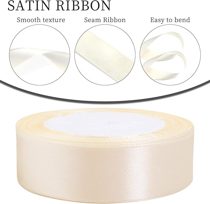Ivory Ribbon for Gift Wrapping, 1 inch Polyester Satin Hair Ribbons for Flower Bouquet, Weeding Decoration, Baby Shower, Crafts Bows Fabric Christmas Ribbon 25 Yards