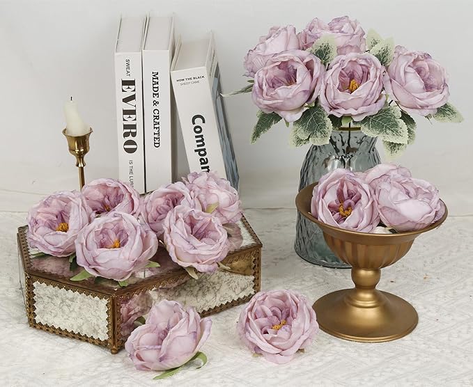 16pcs Peonies Artificial Flowers Head Light Purple Austin Roses Vintage Burnt Flowers Silk Rose Head with Stems for DIY Flower Wedding Bouquets Centerpieces Home Decoration (Light Purple)