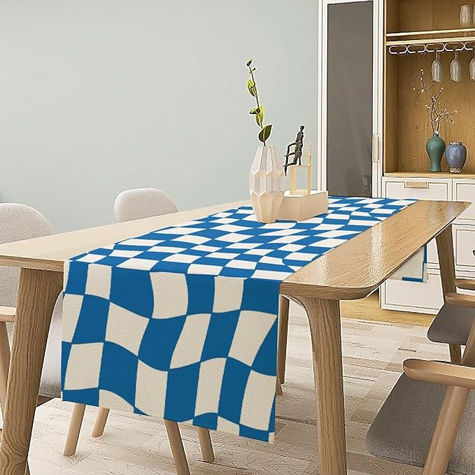 Table Flag Retro Plaid 60s70s Blue Plaid Table Flag Kitchen Restaurant Decoration Suitable for Indoor and Outdoor Festival Home Wedding Party Table Flag 13x108