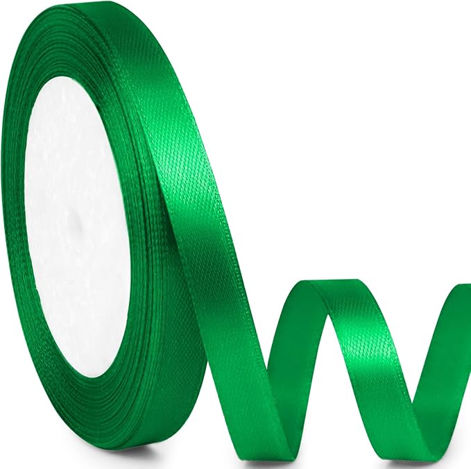 3/8" x 25 Yards Satin Ribbon, Green Silk Ribbon Ideal for Gift Wrapping, Floral Bouquets, Crafts, Wedding Party Decorations, Christmas and Sewing Projects