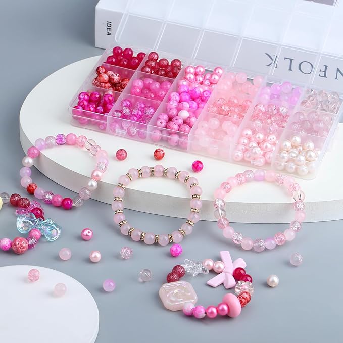 DUQGUHO 8mm Pink Beads for Jewelry Making Pink Glass Beads for Crafts Rose Glass Round Beads 16 Colors Beads for Bracelets, Necklaces & DIY Crafts 360PCS