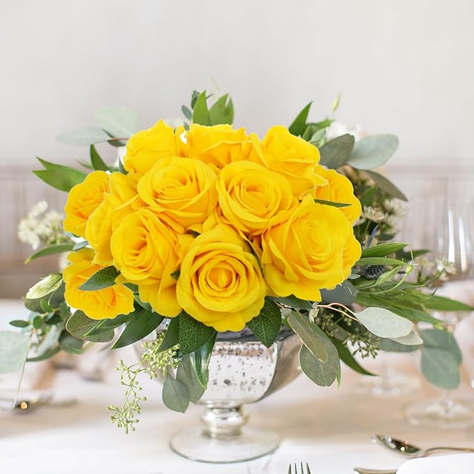 Felice Arts 12 Pack Yellow Artificial Flowers with Stems Silk Roses Fake Flowers Bouquet for Wedding Centerpiece Table Vase Home Kitchen Party DIY Decor