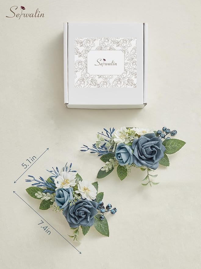 Serwalin 𝗦𝗲𝘁 𝗼𝗳 𝟮 Boutonniere for Men 𝟲-𝟳 𝗜𝗻𝗰𝗵 Corsage with Pins,Groom and Best Man Boutonnieres for Wedding Prom Ceremony Anniversary and Party Cake Topper(Dusty Blue)