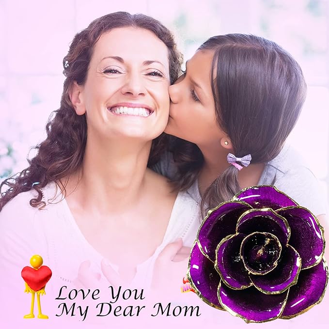 Sinvitron Gold Dipped Infinity Rose Forever Flower Decor, Resin Preserved Real Rose Birthday Gift for Women, Anniversary Present for Mom (Purple)