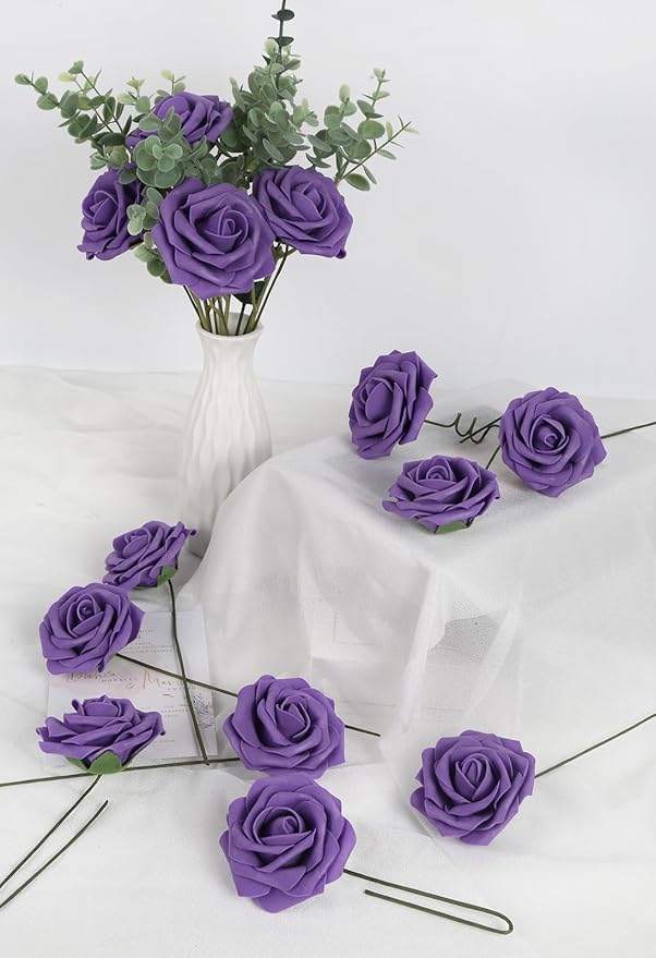 Purple Roses 50PCS Artificial Foam Flowers with Stems Fake Roses Real Looking Purple Flowers for Bridal Shower Centerpieces Wedding Bouquet Table Decorations for Party (Purple)