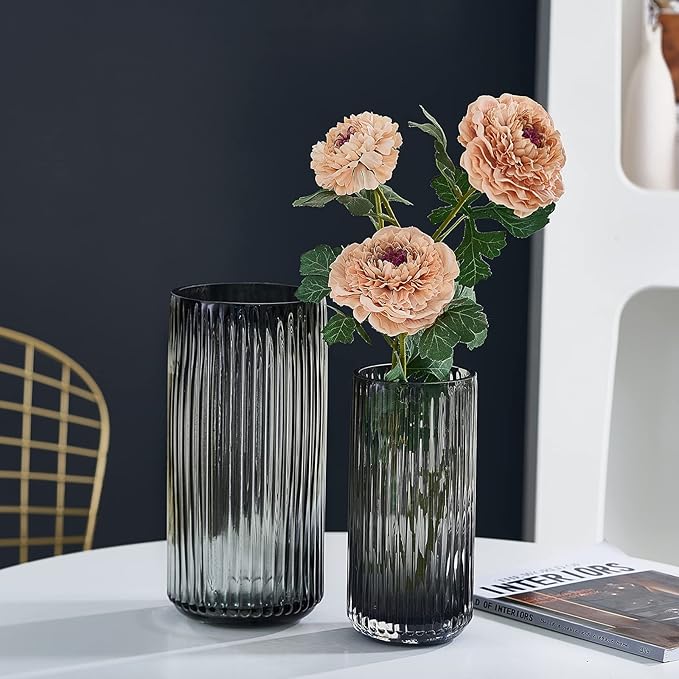 Flower Vase 9.7 inch Grey Thickened Hand Blow Glass Vase Round Vintage Striped Bottles for Bookshelf,Dinner Table,Indoor Office Desktop,Meeting Room,Bathroom,Countertop,Home