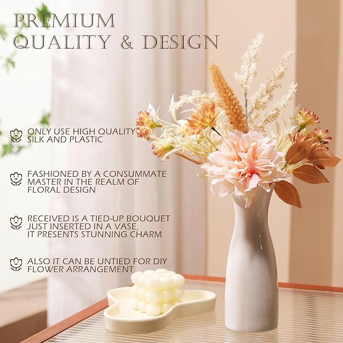 Fake Flower Bouquet, Faux Flower Arrangement for Decorating Kitchens, Bedrooms, Bathrooms, Realistic Artificial Flowers Made of Silk & Plastic, Floral Decoration with Dahlia & Small Blossoms