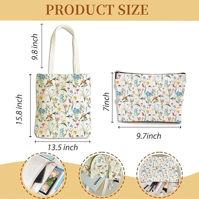 Flower Plant Lover Gifts for Women Canvas Tote Bag with Makeup Bag Cosmetic Bags Grocery Bags for Shopping Christmas