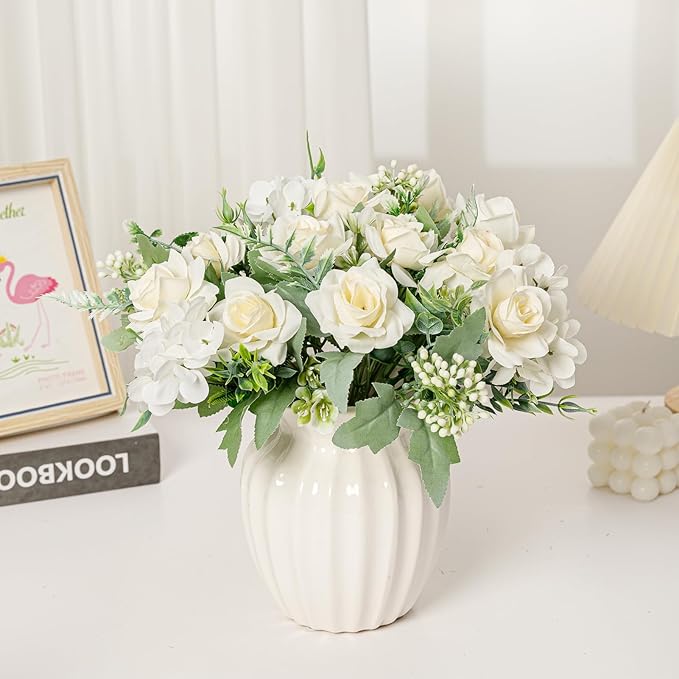 Artificial Flower 5 Branches Artificial Silk Fake Flowers Bouquet Small Roses for Wedding Home Office Tables Decor 4 Packs(White)
