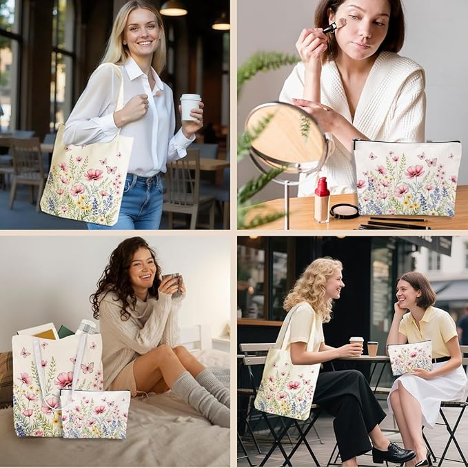 Flower Plant Lover Gifts for Women Canvas Tote Bag with Makeup Bag Cosmetic Bags Grocery Bags for Shopping Christmas