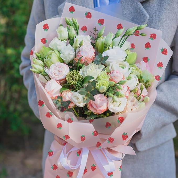 HLTOO 20 Sheets Flower Wrapping Paper, Bouquet Floral Packaging Paper with Strawberry Pattern, for Wedding, Party, Mother's Day, Birthday, and DIY Craft Florist Supplies, Pink, 57CM/22.4Inch