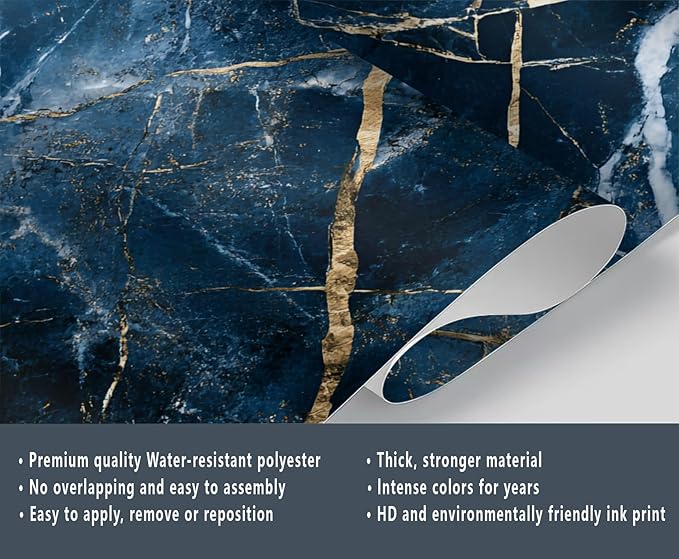 Blue Marble Wall Mural, Gold Vein Marble 3D Wall Murals, Luxury Navy Stone Wallpaper Mural, for Living Room Bedroom Large Wallpaper Indoor Decor 157.5" W x110.3 H