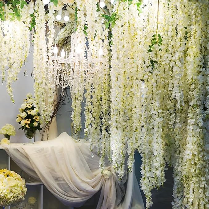 Artificial Wisteria Hanging Flowers Fake Wisteria Flower Garland Silk Vines Rattan Decor for Home Wedding Arch Wall Garden Greenery Bedroom Outdoor Office Party Decoration (36, White)