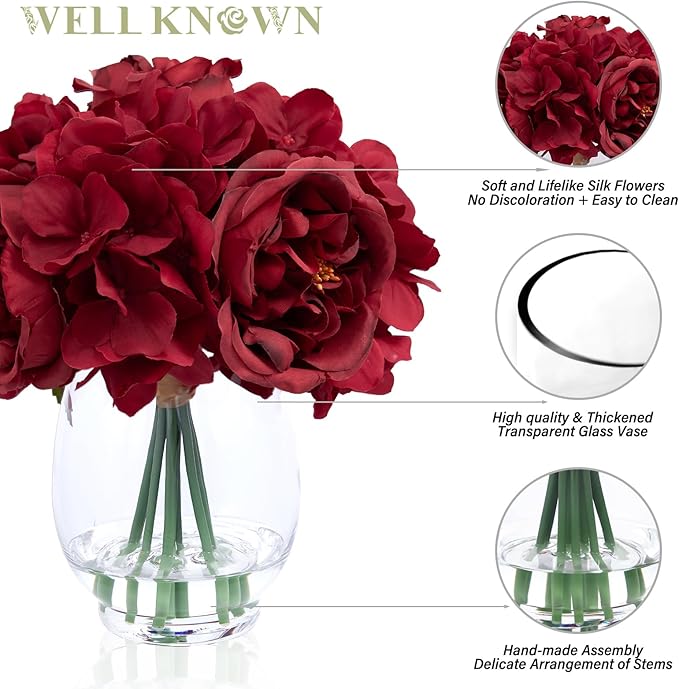 Artificial Flowers Silk Peonies & Hydrangea in Glass Vase with Fake Water, Fake Rose Bouquet Arrangement with Vase for Home Wedding Christmas Party Decor as Table Centerpieces & Gift (Classical Red)