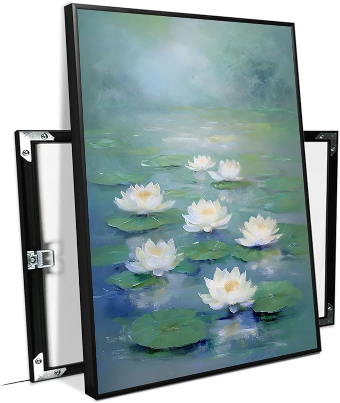 Zen wall art Delicate white lotus flower floating on calm water Vintage oil painting print Serene aquatic wall art creates a tranquil home decor 20x30in Metal blackFramed
