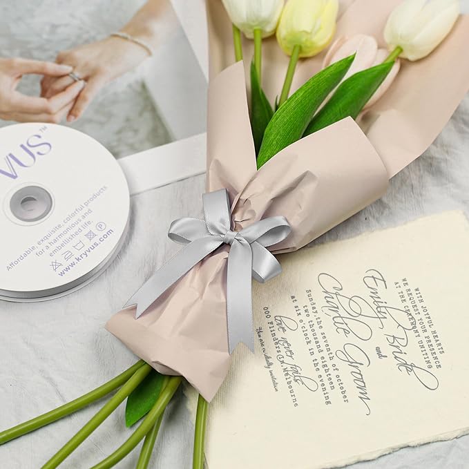 Silver Satin Ribbon, Double Faced 5/8 Inch X 50 Yards Silver Ribbon, Premium Satin Ribbon for Gift Wrapping, Crafts, Hair Bow Making, Sewing, Flower Bouquet, Wedding Party Decor